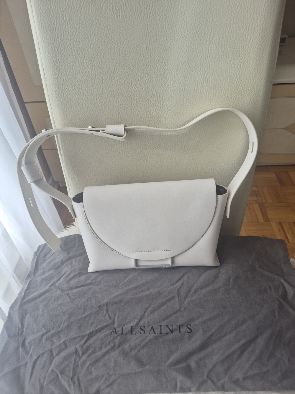 All Saints White Leather Curved Flap Crossbody Bag